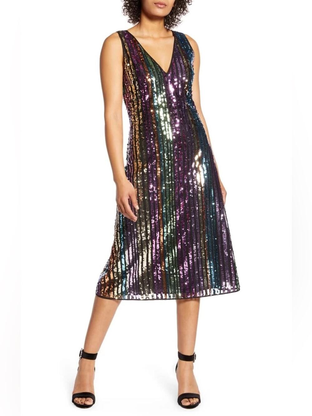 NWT Halogen x Atlantic Pacific Rainbow sequin stripe midi shift dress 0 & 2